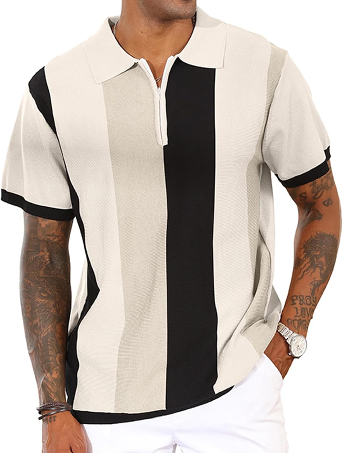 Men Fashion Polo Shirts Vintage Striped Knitting Shirts Casual Slim Fit Golf Shirts