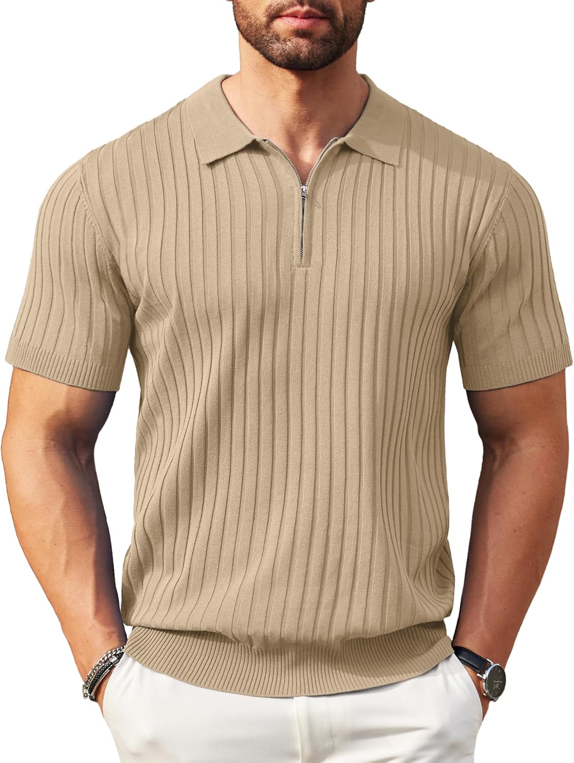 Men Zipper Polo Shirts Short Sleeve Ribbed Knit Polo T Shirts Fashion Casual Golf Shirts
